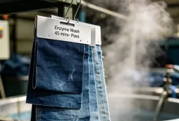 Denim fabric samples with different washes and finishes