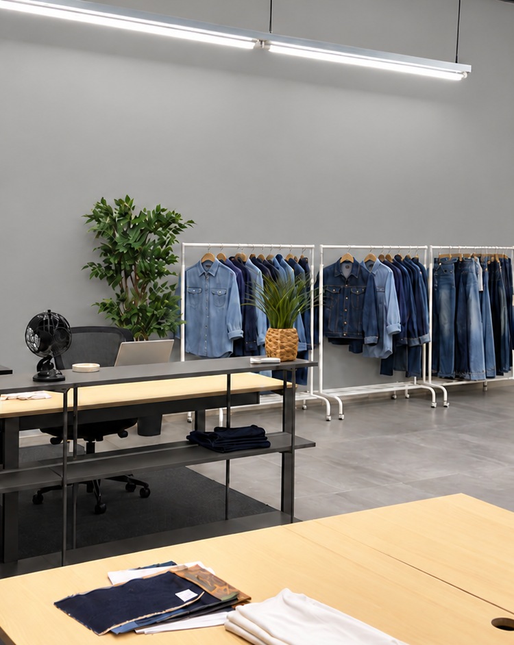 Textile development workspace with clothing samples