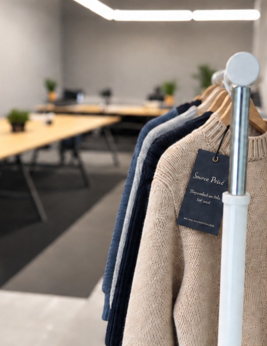 A carefully selected rail of garments and fabric samples