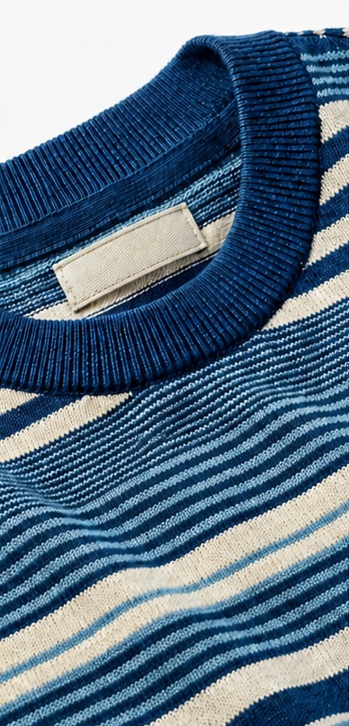 Close-up of a knitted garment, showing its texture and finishing